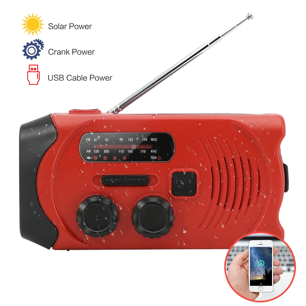 

Multifunctional Hand Radio Solar Crank Dynamo Powered AM/FM/WB Weather Radio Use Emergency LED Flashlight And Power Bank
