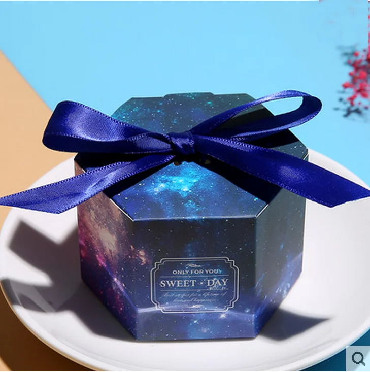 100 шт креативные синие звездное небо шестиугольные Цветочные Свадебные Сувениры Конфеты Коробочки bomboniera вечерние коробка для шоколадных конфет подарочная коробка
