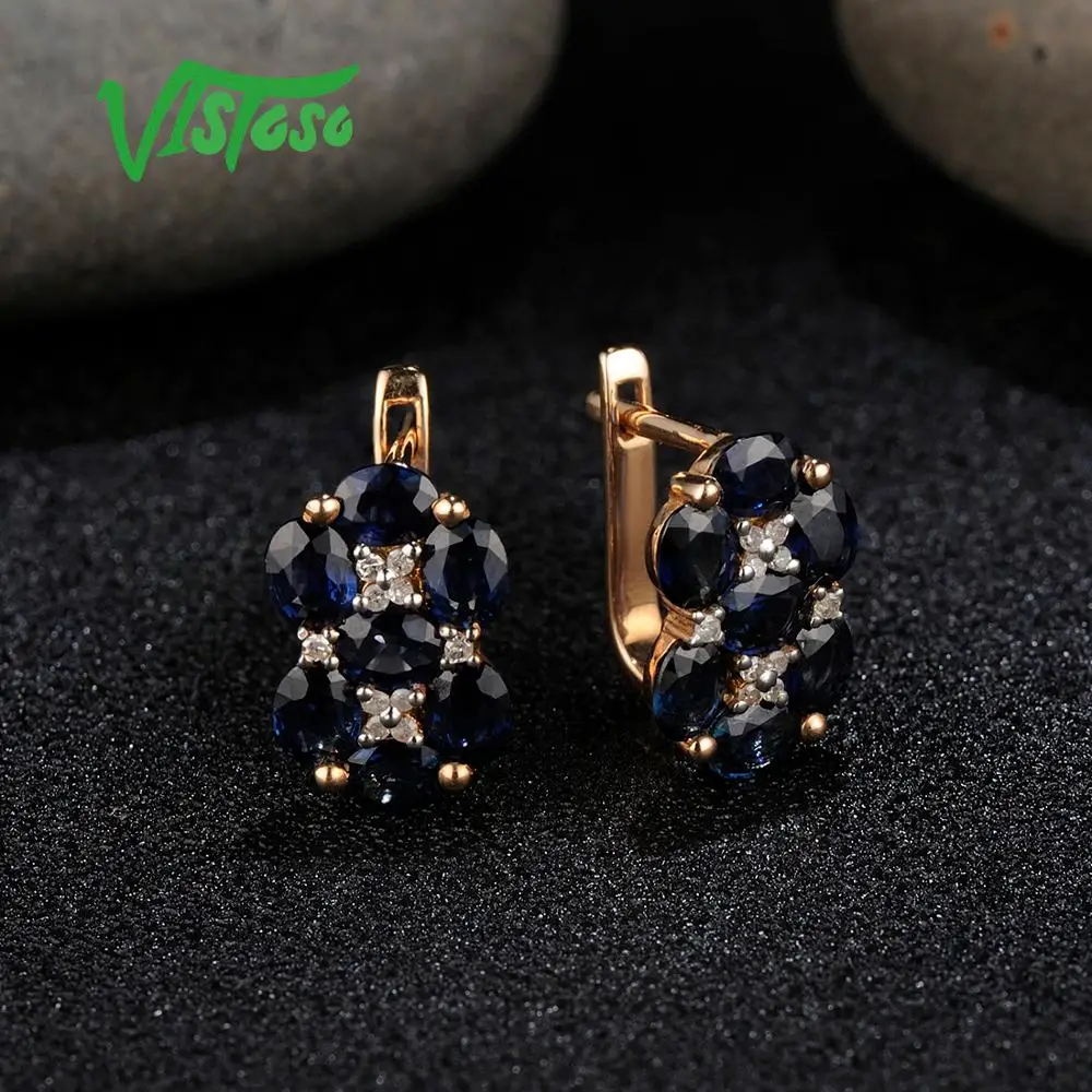 VISTOSO золотые серьги для женщин 14K 585 розовое золото блестящий синий сапфир