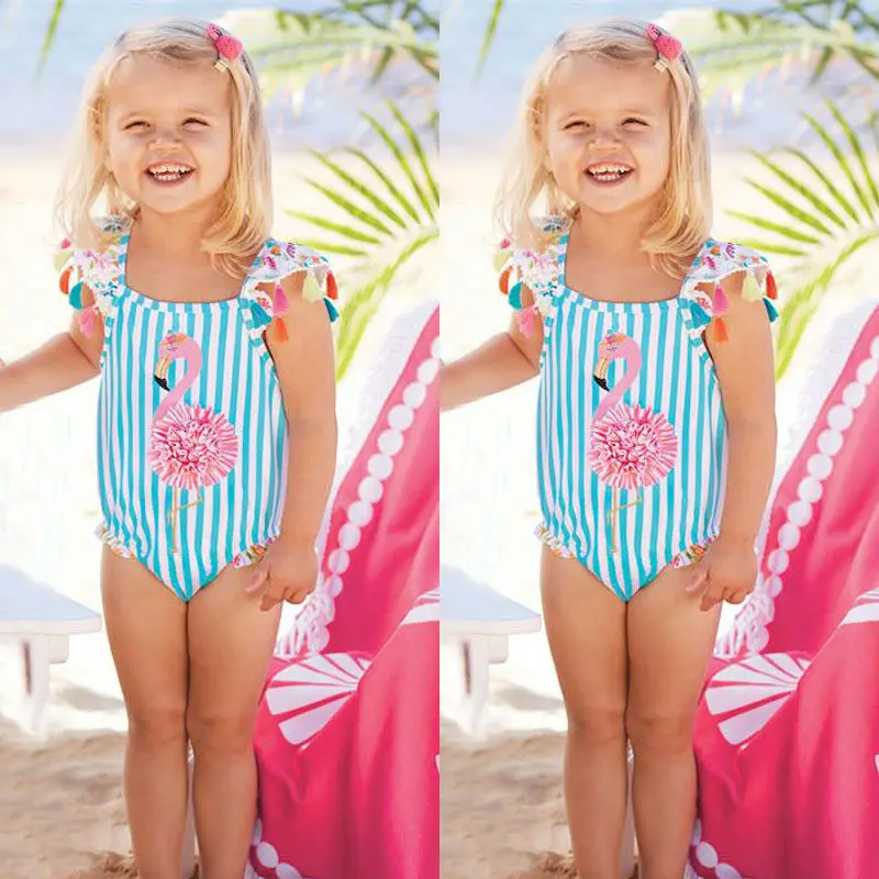 Детские бикини с рисунком фламинго для девочек, голубые Полосатые Купальники с кисточками для маленьких девочек, цельный костюм для пляжный купальник