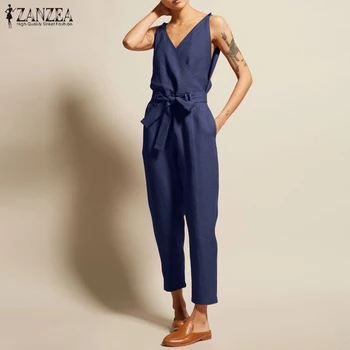 

2020 Plus Size ZANZEA Summer Fashion Sleeveless Rompers Jumpsuits Women Casual V Neck Pants Solid Cotton Linen Party Playsuits
