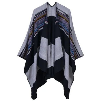 

Winter Women Loose Outerwear Coat Vintage Oversized Knitted Cashmere Poncho Casual Cape Shawl Elegant Ladies Splice Cardigan Top