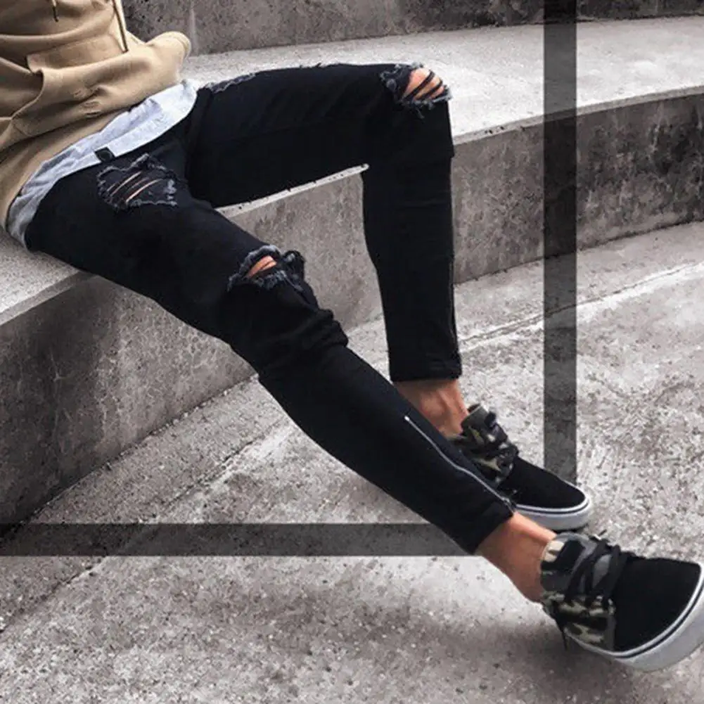 Fashion Men Ripped Skinny Jeans Stretch Destroyed Frayed Slim Fit Denim Pant with Zipper Pencil Pants Trousers Men Clothes