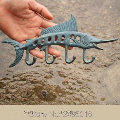 

Cast Iron Blue Marlin Fish with 4 Hooks for Coat Caps and Keys 10" Long