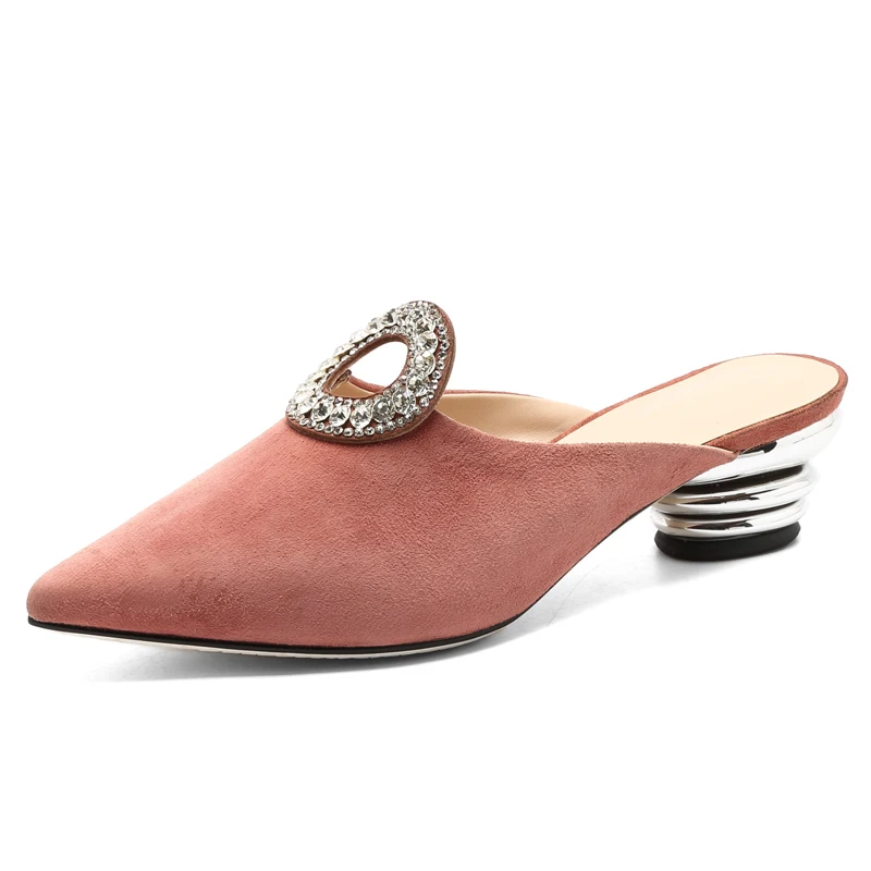 

Genuine Leather Women Mules 4 CM Chunky Heels Summer Style Green Slippers Pointed-toe Casual Pumps Box packing T5-31
