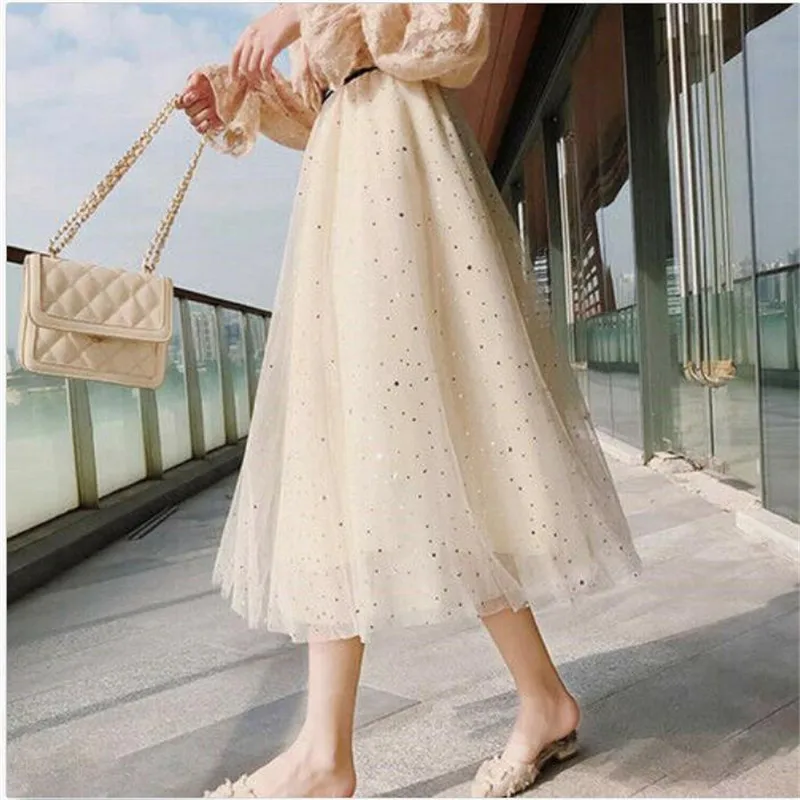 

New Women's High Waisted Pleated Mesh Long Maxi Skirts Tulle Prom A-Line Ladies' Sexy Sweet Lace Dot Casual Skirts Hot Selling