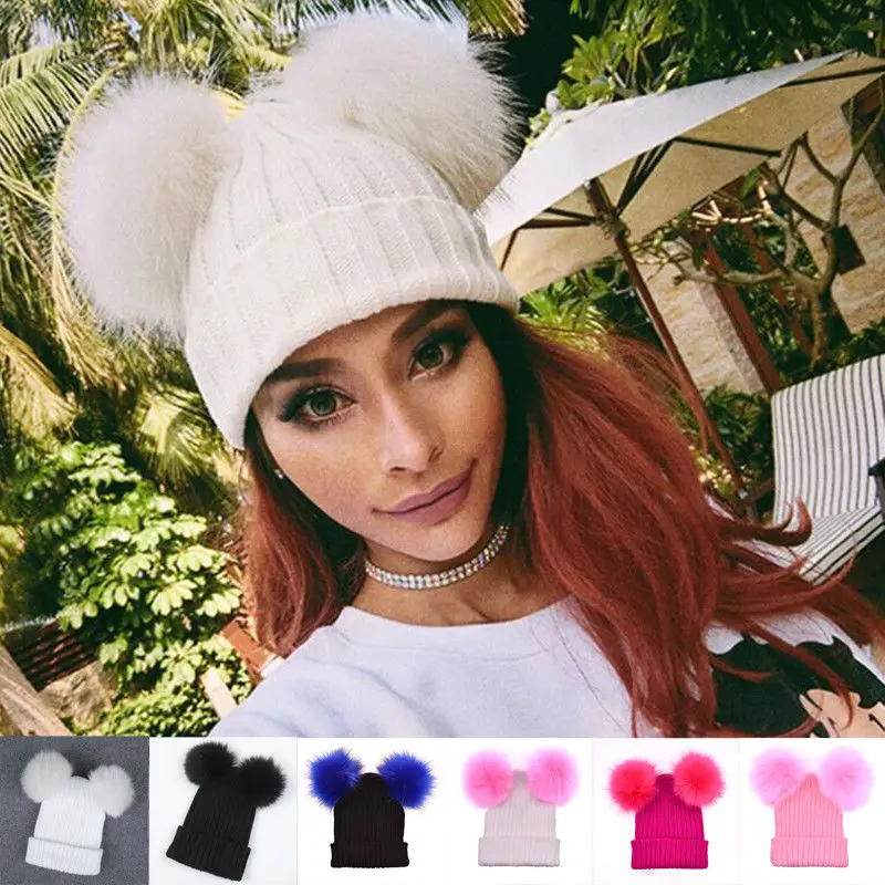 Winter Xmas Solid Color Knit Hat Crochet Wool Fur Pom Women Warm Knitting Hats Fashion Christmas Gift Outdoor Wear | Аксессуары для