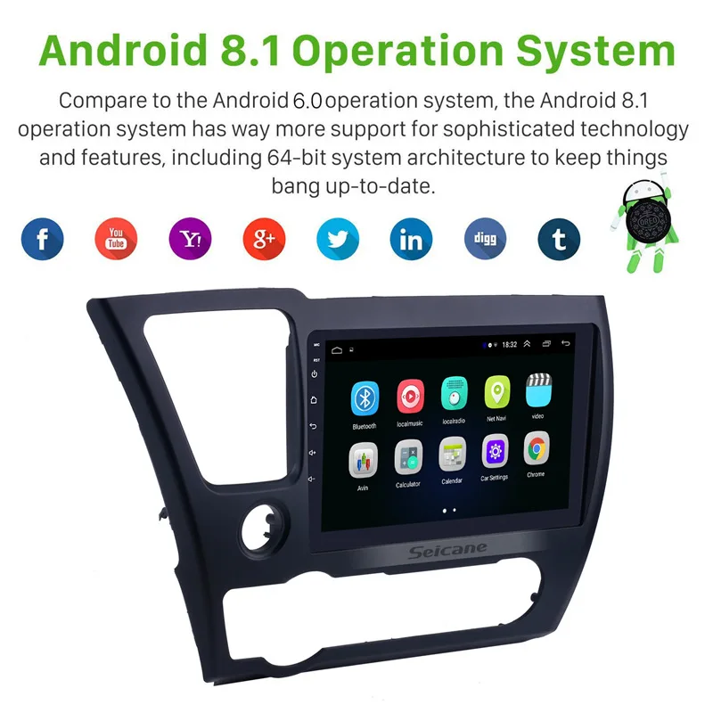 Cheap Seicane 2 Din 9" Android 8.1 Car GPS Navigation Radio Multimedia Player For 2014 2015 2016 2017 HONDA CIVIC Support 3G Wifi SWC 1