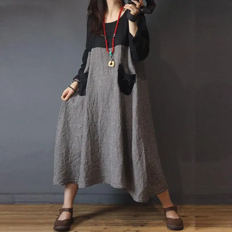 

ZANZEA Women Dress Plus Size Womens Patchwork Solid Plaid Dresses Female Maxi Dress Vintage Cotton Linen Vestido Robe Kaftan
