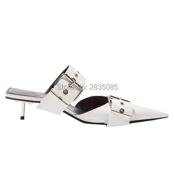 

Sexy Summer Shoes Female Black White Leather Sandals Buckle Straps Slip On Slides Silver Metal Heel Pointed Toe Slippers Women