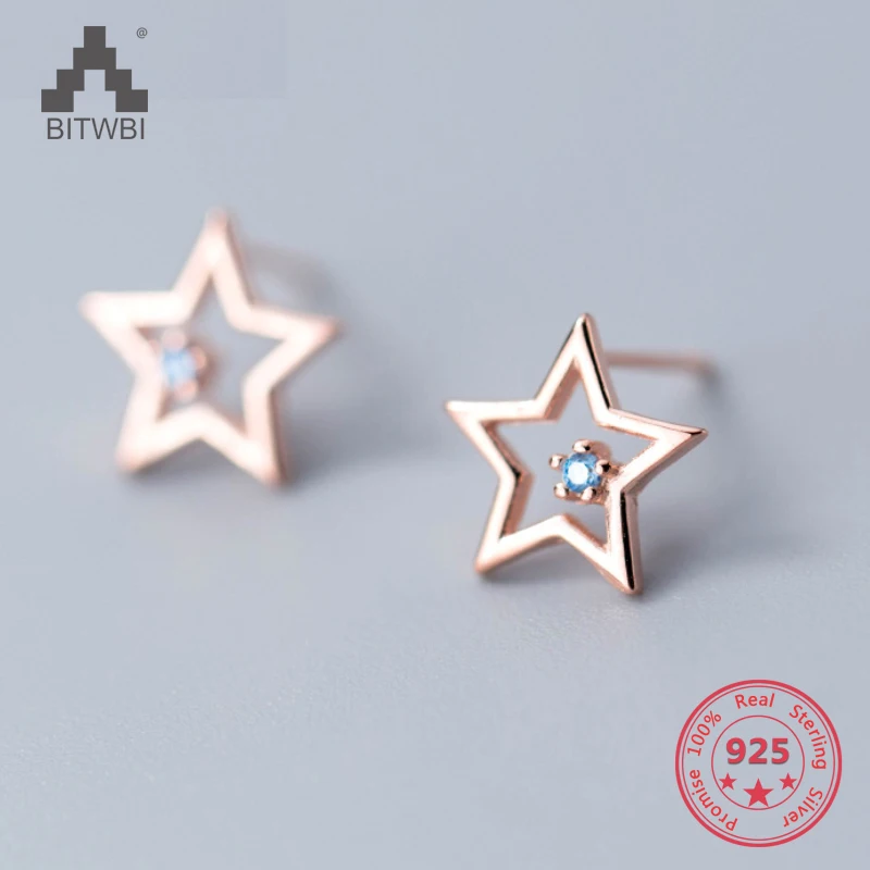 

Korea New Design 925 Sterling Silver Simple Fashion Rose Gold Hollow Star Zircon Stud Earring Jewelry for Women