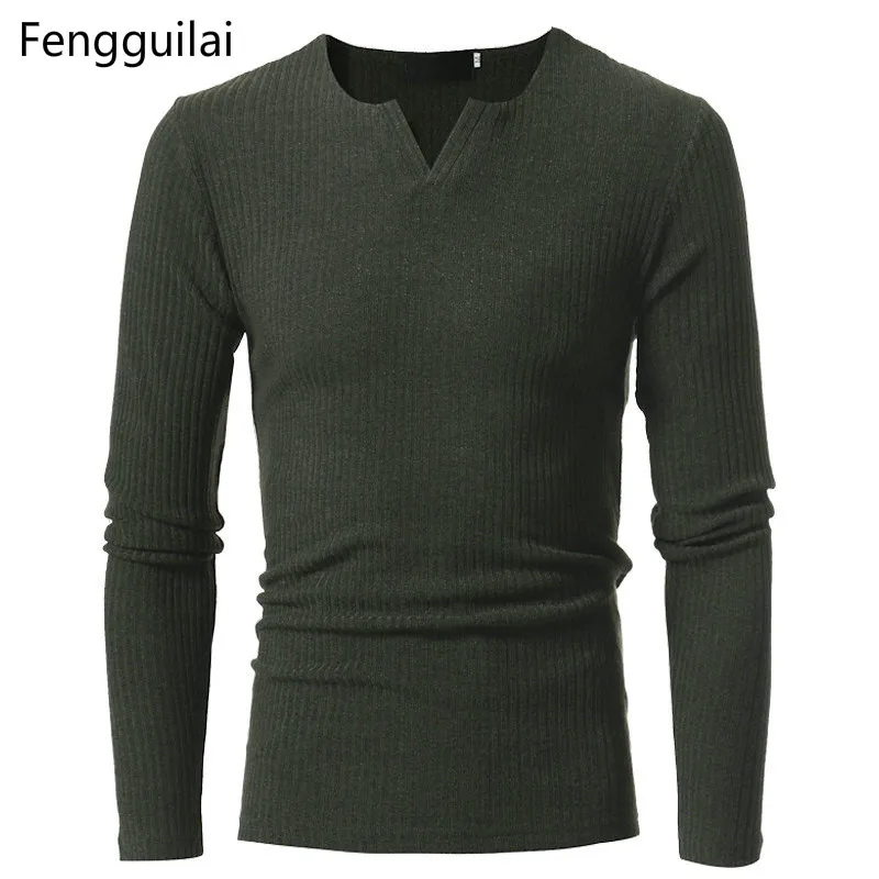 Свитер Для мужчин осень новый модный свитер Для мужчин Slim Fit сплошной Цвет v-образным вырезом с длинным рукавом Повседневное эластичные