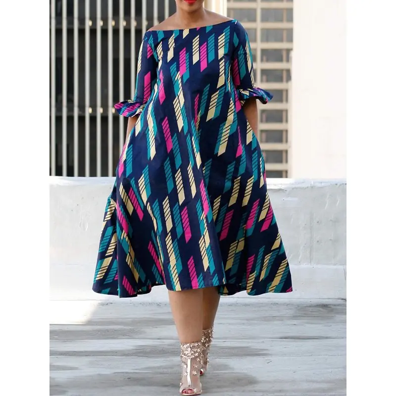 

Women Midi Dress Sexy Off Shoulder Print Color Block Summer 2019 Trendy Plus Size Robe A Line Elegant Casual Street Day Dresses