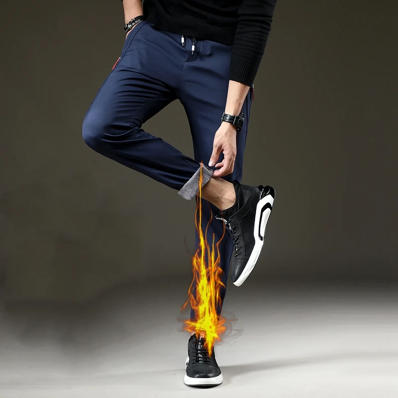 

Mens Warm Pants for Winter Korean Slim Fit Fleece Lined Trousers Skinny Stretch Trousers Male Casual Elastic Waist Fashion Young