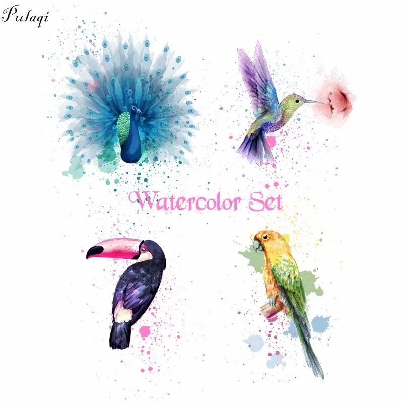 

Pulaqi Cute Birds Hummingbird Parrot Iron On Transfers Patches Watercolor Set Heat Thermal Transfer For Kids Pillow DIY Decor F