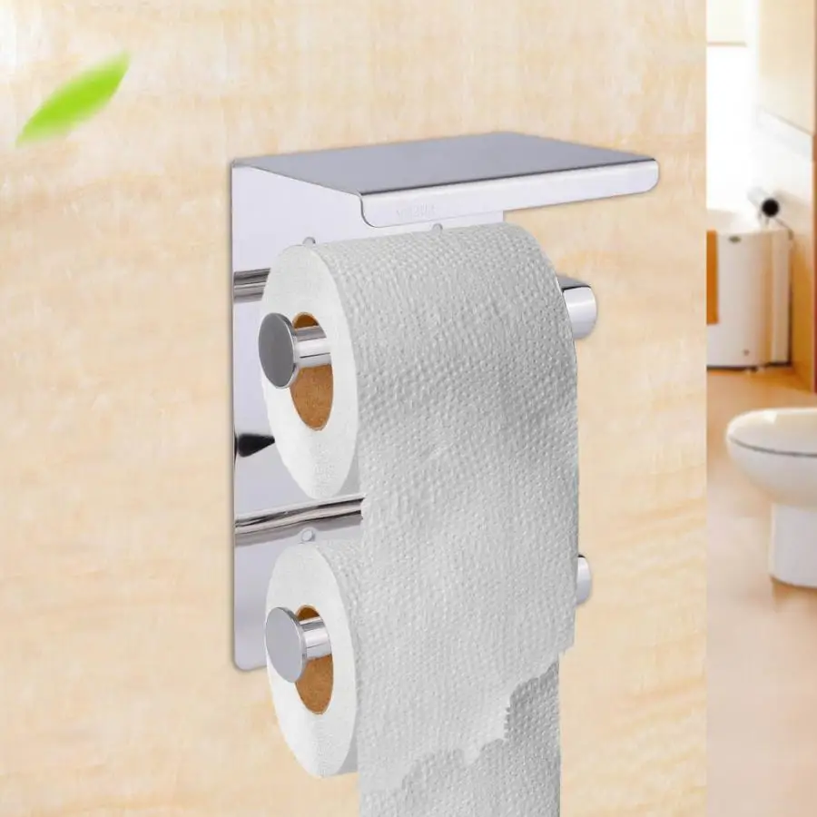 

Double Layer Toilet Roll Paper Holder w/ Storage Shelf Rack Stainless Steel Tissue Boxes Paper Towel Rack WC Paper Phone Holder