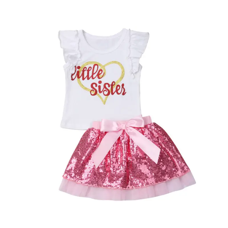 Семейный комплект, хлопковая летняя футболка с короткими рукавами и буквенным принтом для новорожденных и маленьких девочек, топ, юбка