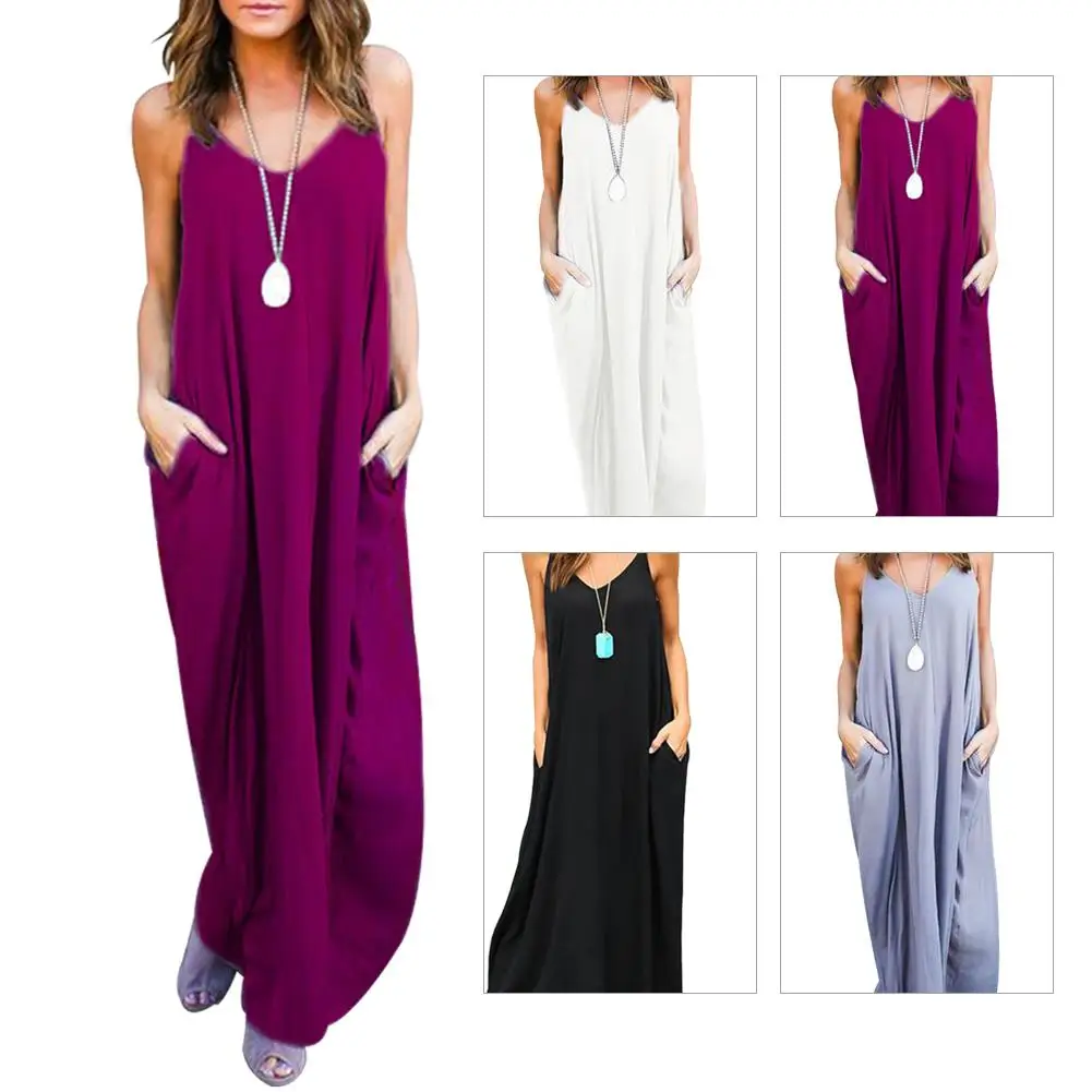 

Fashion Women Summer Casual Solid Color Pockets Loose Dress Sexy V-neck Spaghetti Strap Sleeveless Long Maxi Dress Beach Dress