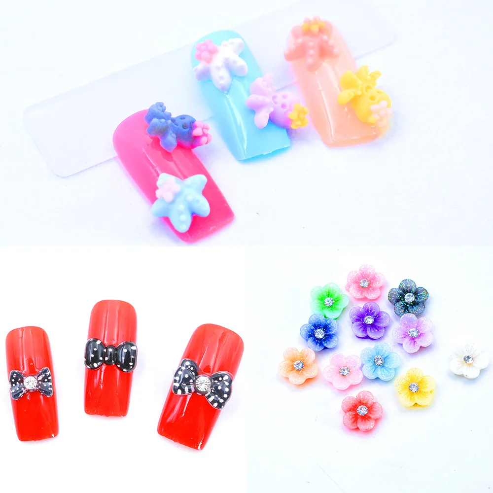 

60pcs/set 8 Styles Mix color DIY Bow Tie,Seastar,Seashell,Fish,Flower Nail Rhinestone 3D Acrylic Nail Accessory Nail Supplies