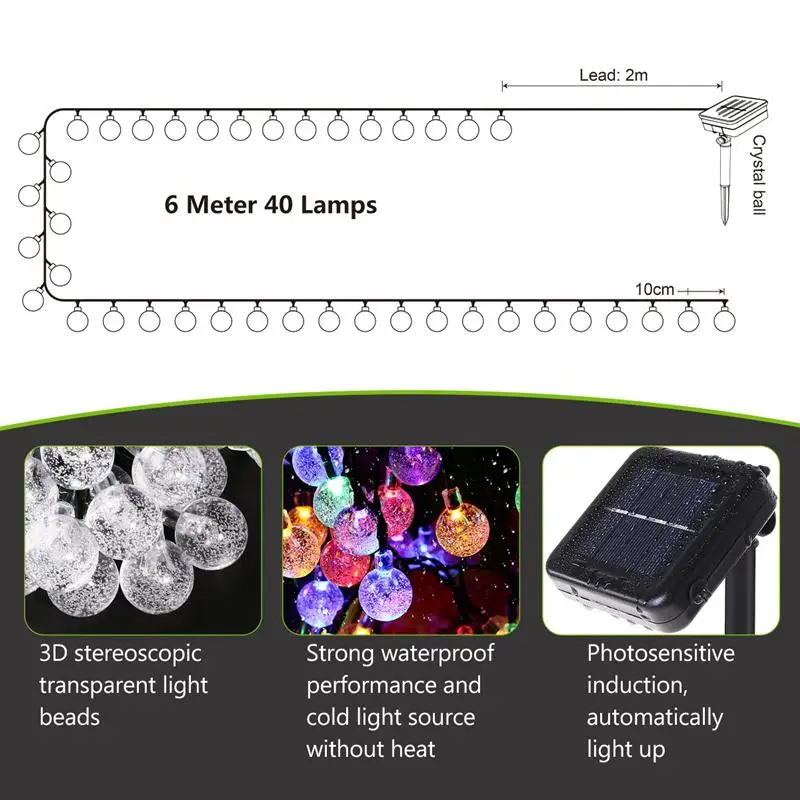 6 м 40LED хрустальный шар солнечные гирлянды рождественские сказочные садовые огни для наружного дома газон патио Вечерние