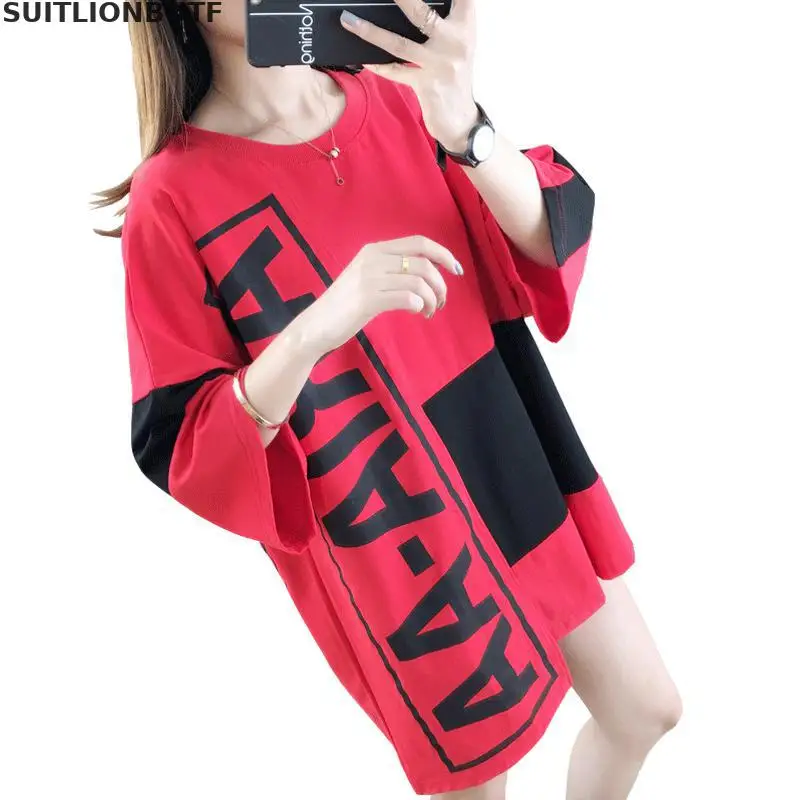 

M-3xl 2019 Letter Print Long Loose T-shirts 3/4 Sleeve O-neck Preppy Style Plus Size Women Tshirts Summer T-shirt Funny