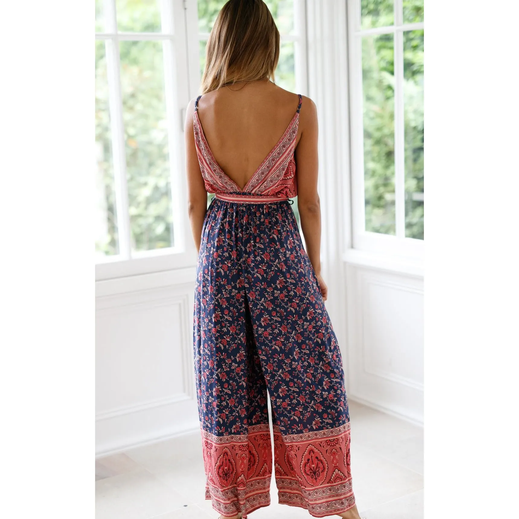 Bohemian Women Wide Leg Jumpsuits Split Bow Long Beach Jumpsuits Loose Female Print Sexy Rompers