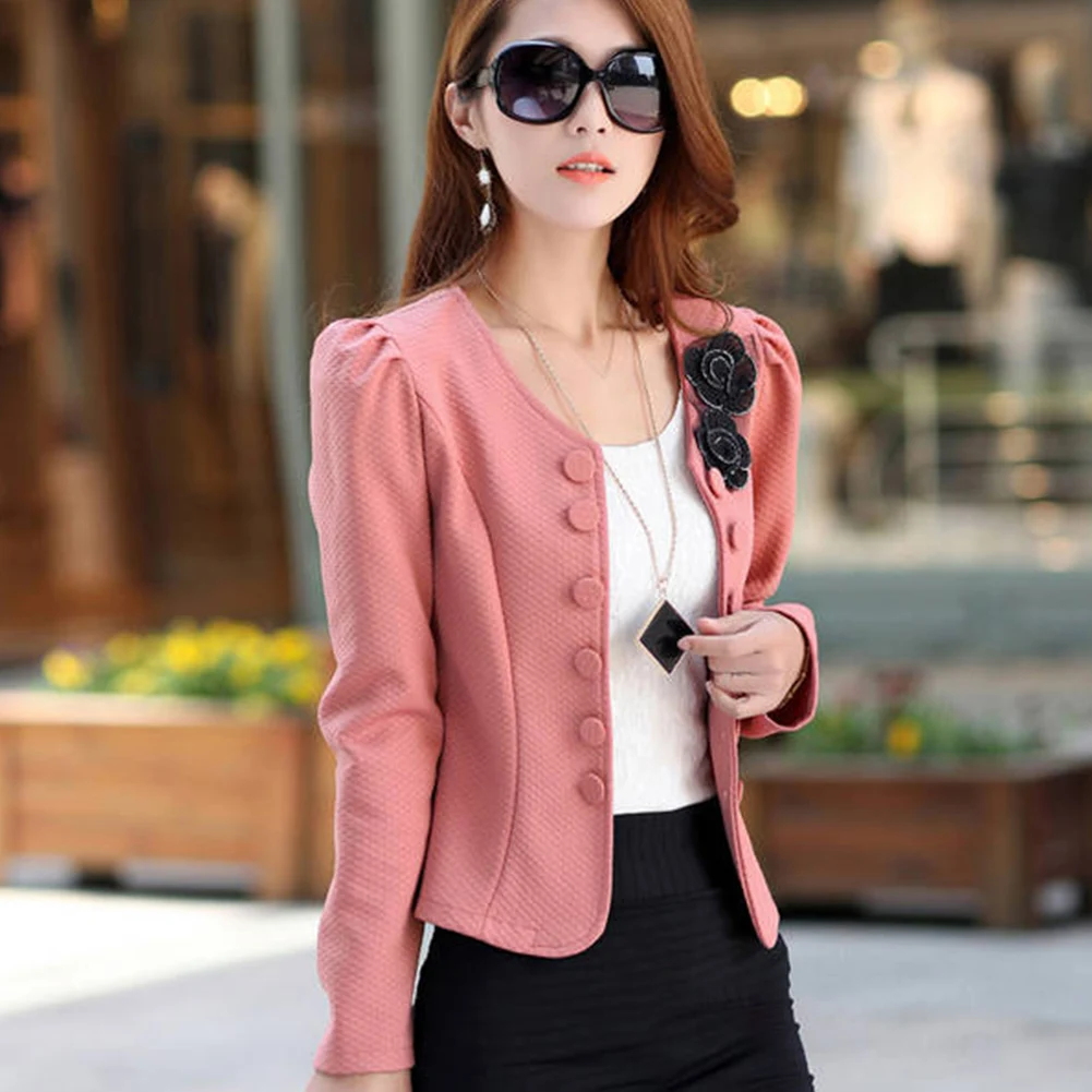 

Open Elegant Long Sleeve Flower Ladies Back Bowknot OL Spring Autumn Slim Crew Neck Women Coat Business Suit Button Down Fashion