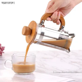 

WSHYUFEI 350ml Bamboo Cover Coffee Pressure Pot Hand Punch Household Coffee Filter French Presses Glass Coffee Pot