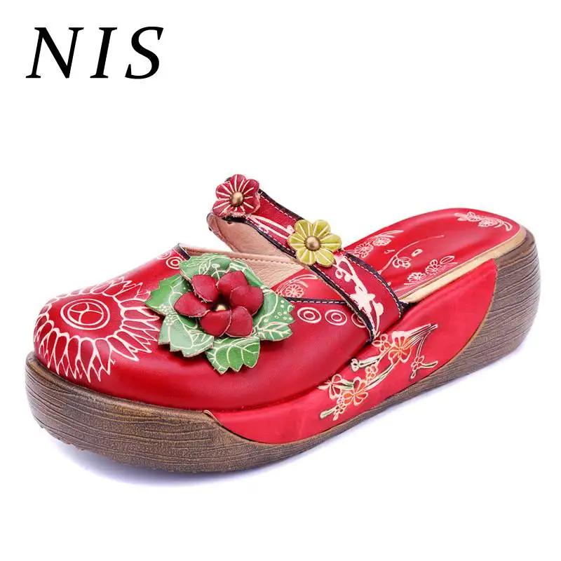 

NIS Bohemian Vintage Style Women Slippers Shoes Woman Spring Summer Genuine Leather Round Toe Platform Slides Slippers Shoes New