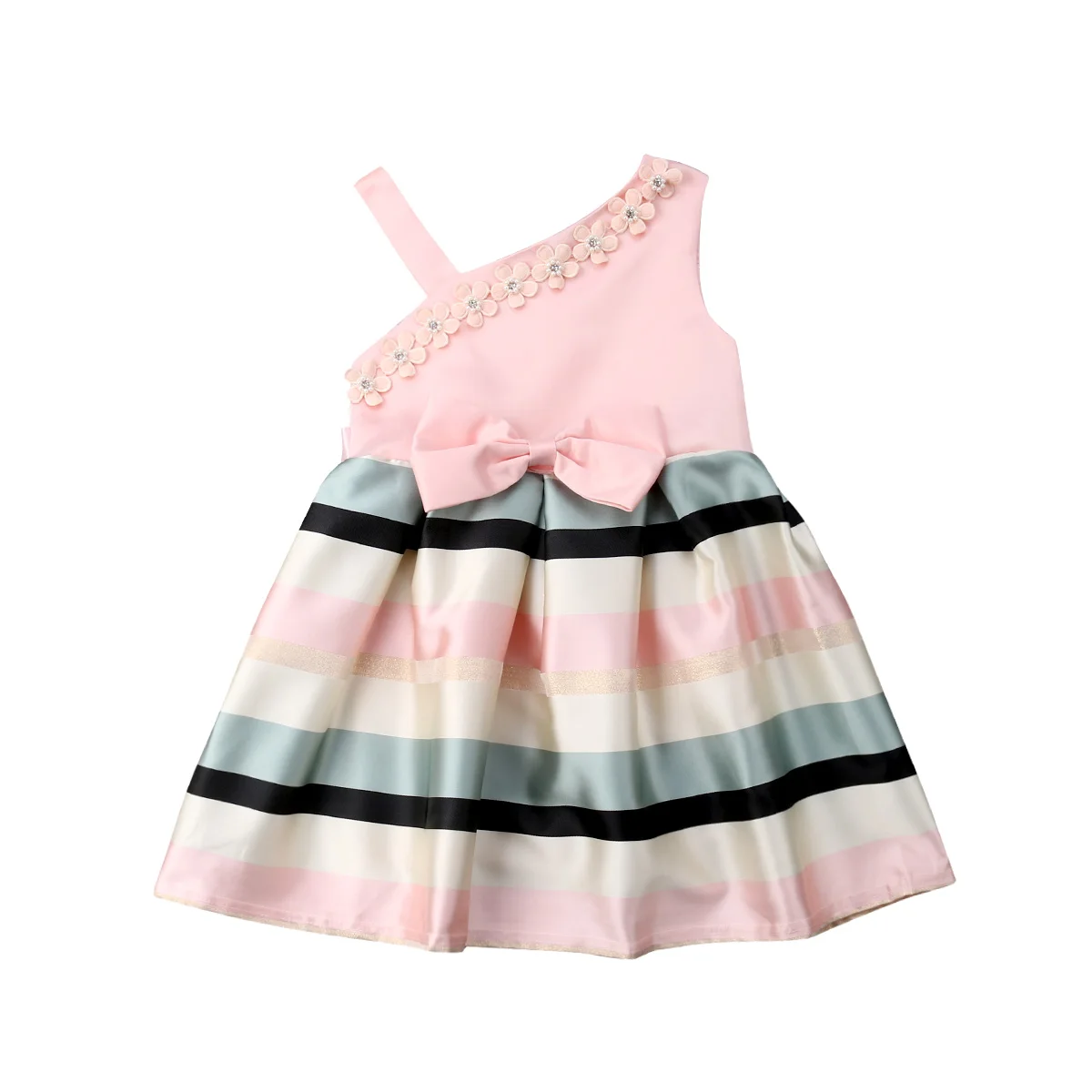 

Princess Toddler Kids Baby Girl One Shoulder Tutu Floral Striped Bowknot Formal Pageant Party Dress Clothes for 3-9Y Girls