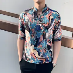 Мешковатые для мужчин рубашка 2019 кленовый лист печати camisa masculina Половина рукава V средства ухода за кожей шеи топы корректирующие стенд