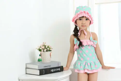 Комплект из 2 предметов для маленьких девочек; комбинезон в горошек+ шапочка для плавания; купальные костюмы; купальное платье