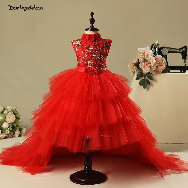 

Red Flower Girl Dresses for Weddings High Low Puffy 2019 First Communion Dresses Pageant Gown for Girls Kids Evening Party Dress