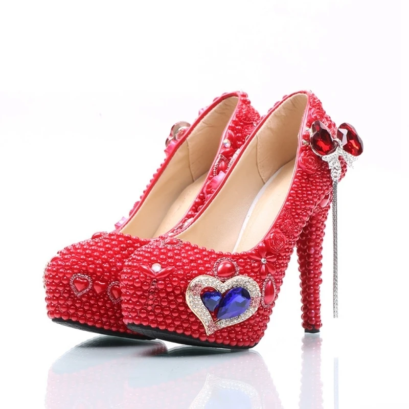 

New Designer Red Pearl with Blue Diamond Wedding Shoes Full Grain Leather Handmade Mother of the Bride Shoes Bridesmaid Pumps