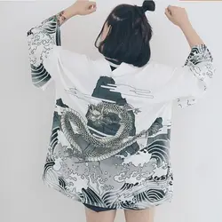 Япония Стиль принт кимоно в винтажном стиле Harajuku Стиль блузка волны и ветер рубашки с драконом японский рукав "летучая мышь" кимоно Q012