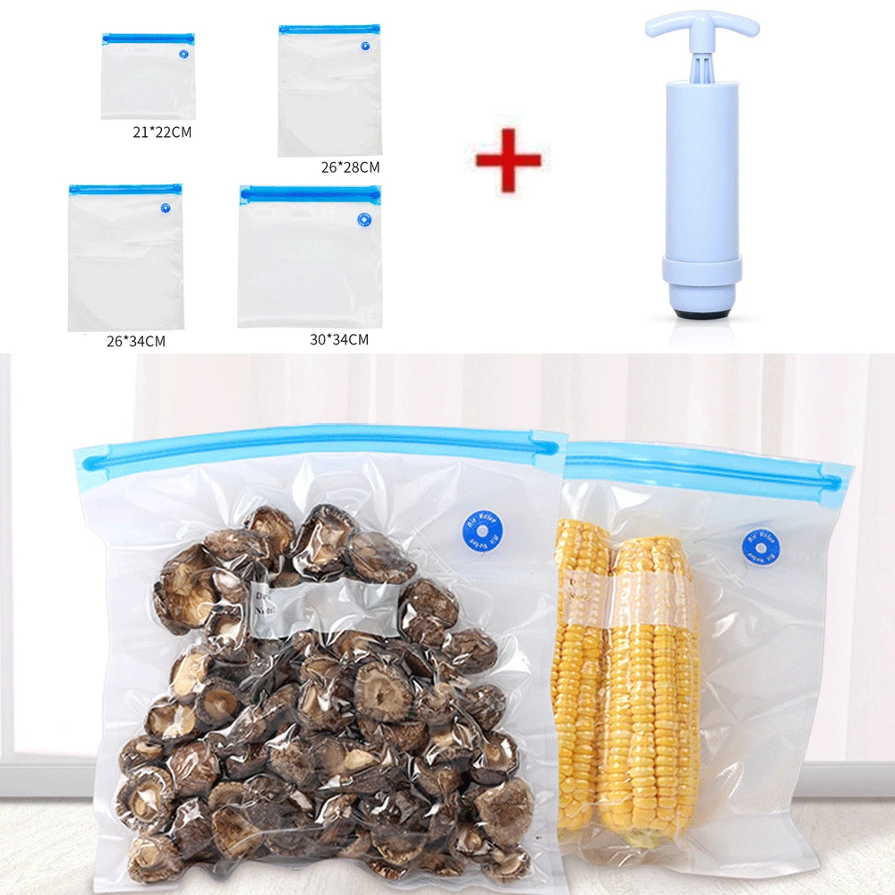 

Reusable Ziplock Vacuum Compression Storage Bags Silicone Food Freezer Preservation Fresh Food Packing Pumping Multi-size 5pcs