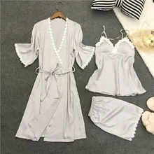 Женская Сексуальная вискозная Шелковая пижама с поясом, комплект из 3 предметов, пижама с коротким рукавом, летняя однотонная кружевная Пижама