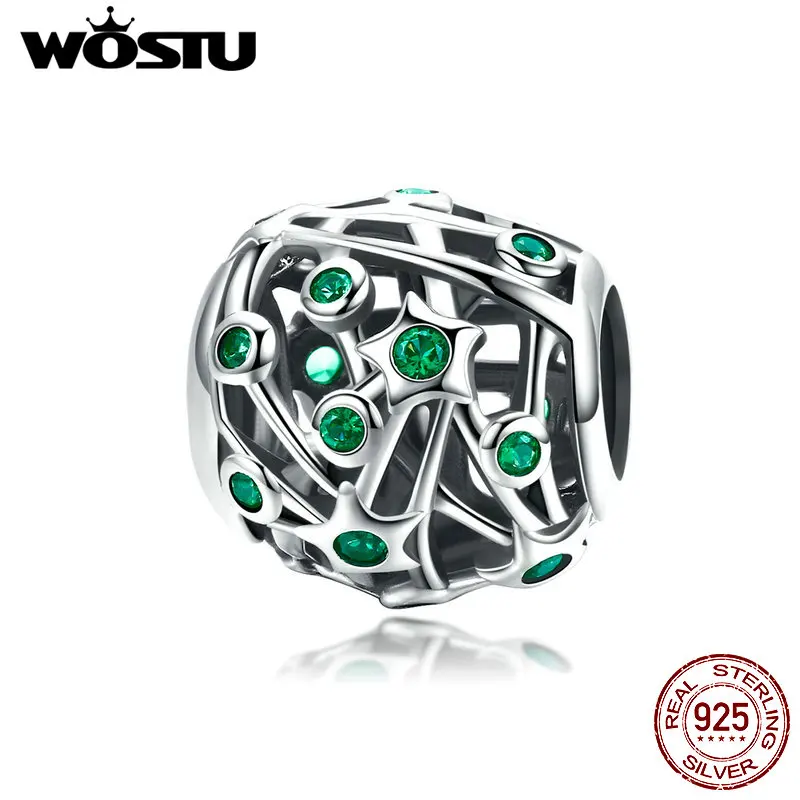 WOSTU Аутентичные 925 пробы серебряные бусины с зеленым лесом и звездами, браслет и ожерелье, роскошные ювелирные изделия, подарок для изготовления CQC963