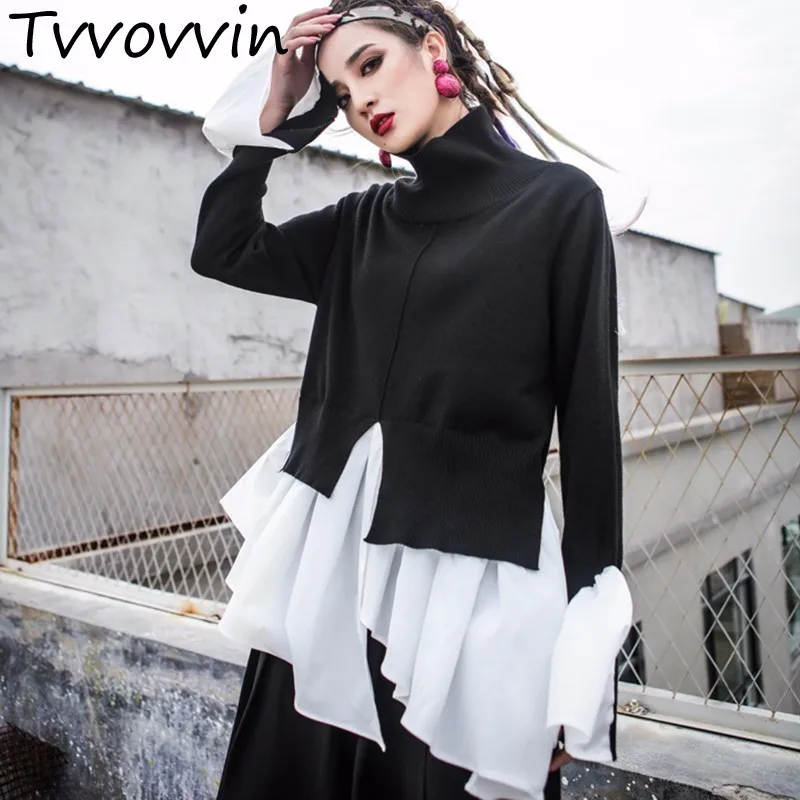 

TVVOVVIN Patchwork Knitting Pullover Female Turtleneck Irregular Split Draped Flare Sleeve Tops 2019 Spring Clothing Q682