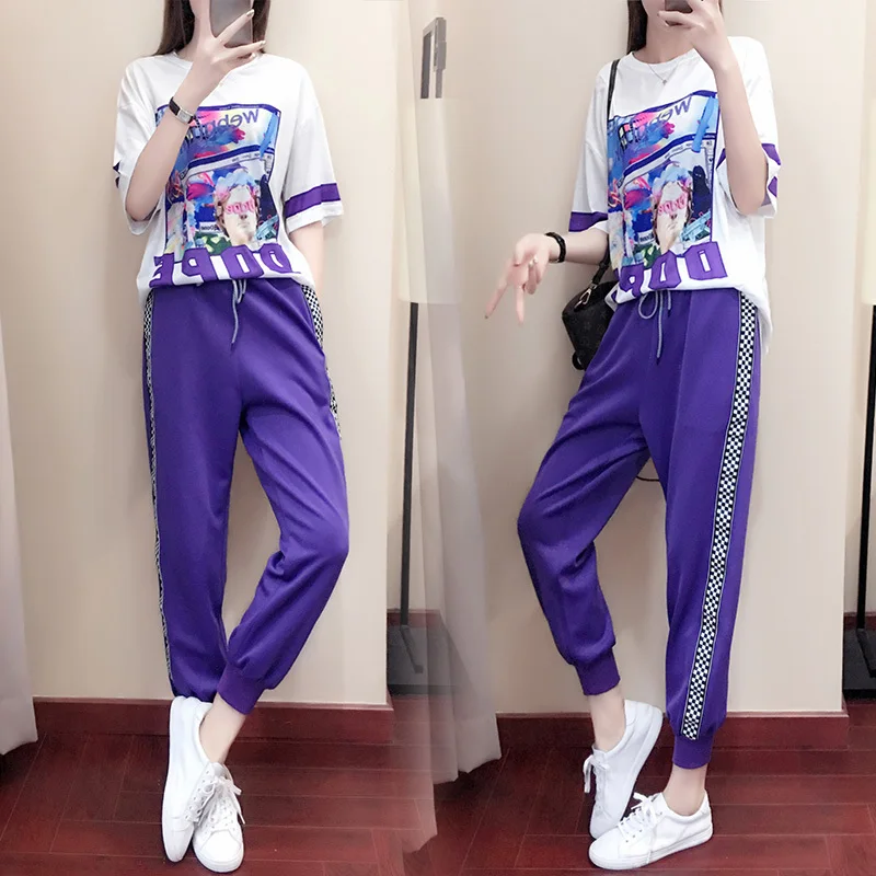 

XUXI 2019 Summer New Set Suit Cute Student Tops Tshirt Playful Fashion Printing Leisure Motion T-shirt Girl Women Clothes FZ210