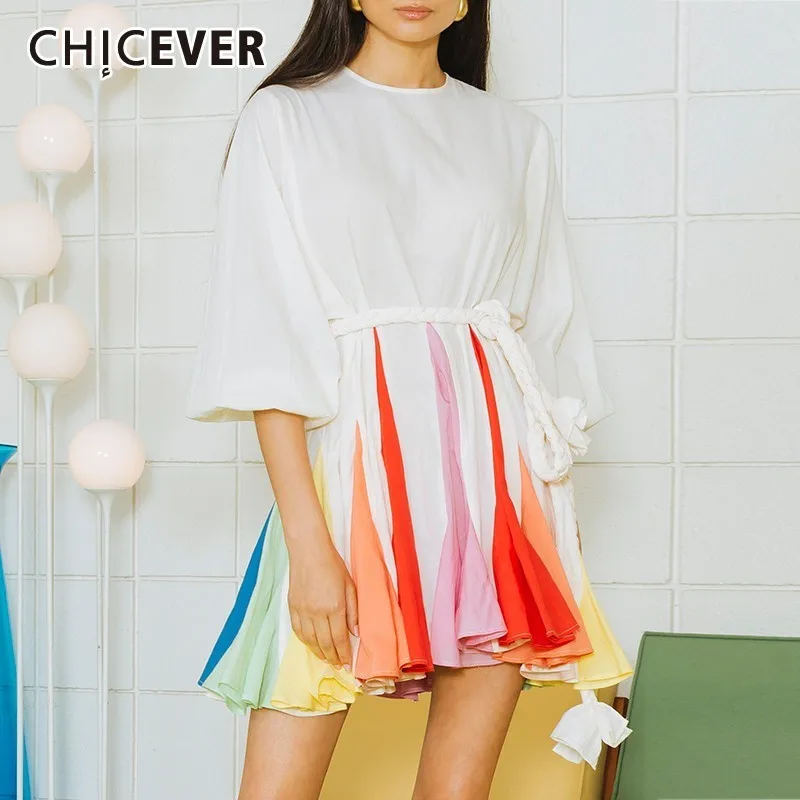 

CHICEVER Bandage Patchwork Mini Dress Female O Neck Half Lantern Sleeve High Waist Hit Color Dresses Women 2019 Casual Fashion
