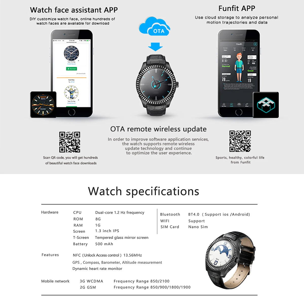 Умные часы D7 Android 4 RAM 1G ROM 8GB 500mAh батарея Поддержка GPS WIFI Bluetooth 0 монитор сердечного
