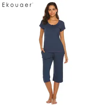 

Ekouaer Short Sleeve Pajamas Set Women Sleepwear Suit Solid Round Neck Nightwear Pajama Sets Ladies Soft Home Wear Clothes