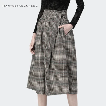 

A Line High Waisted Wool Skirt Plaid 2018 Plus Size Warm Sashes Ladies Casual Skirt Midi Womens Winter Skirts Zip Mid Calf Jupe