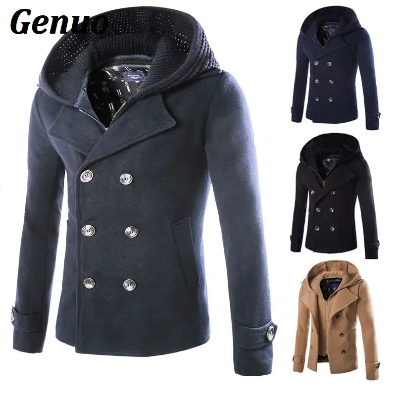 Genuo шерстяное пальто для мужчин модный лоскутный свитер смесь шерсти двубортное бушлат куртка мужская зимняя с капюшоном пальто ветровка