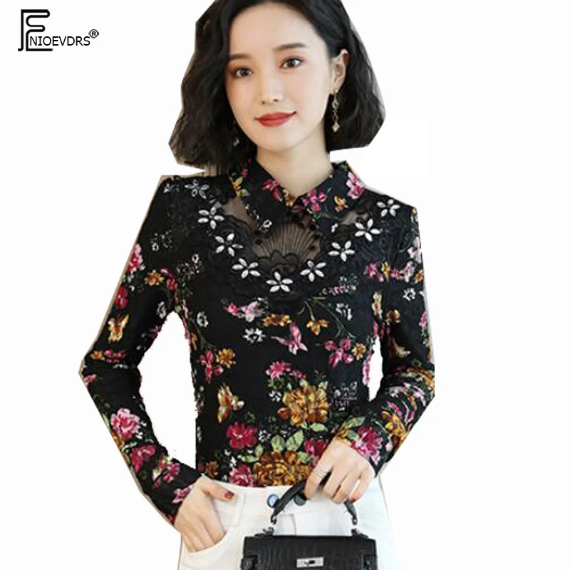 

Winter Basic Warm Velvet Tops Hot Women Undershirt Blouse Shirt Elegant Office Lady Patchwork Mesh Sheer Vintage Lace Top 11920