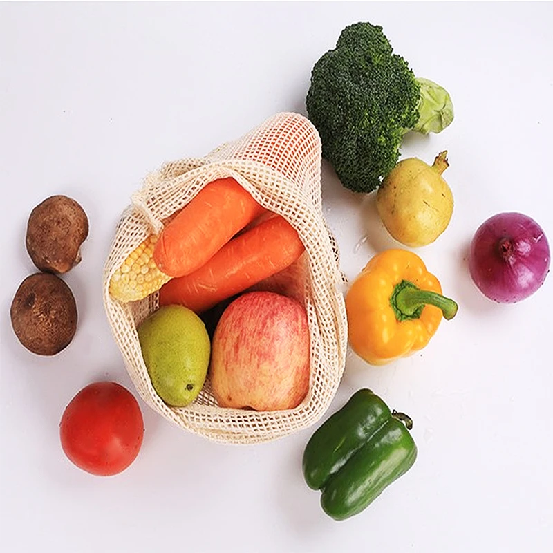 

Fashion Vegetable Bags Popular Cotton Fruit And Vegetable With Drawstring Reusable Home Kitchen Storage Mesh Bags Machine Washab