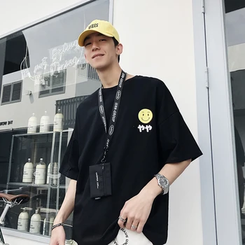 

2019 Spring And Summer New Korean Version Of The Tide Male Loose Comfortable Cotton Sports Smiley Large Size Casual T-shirt