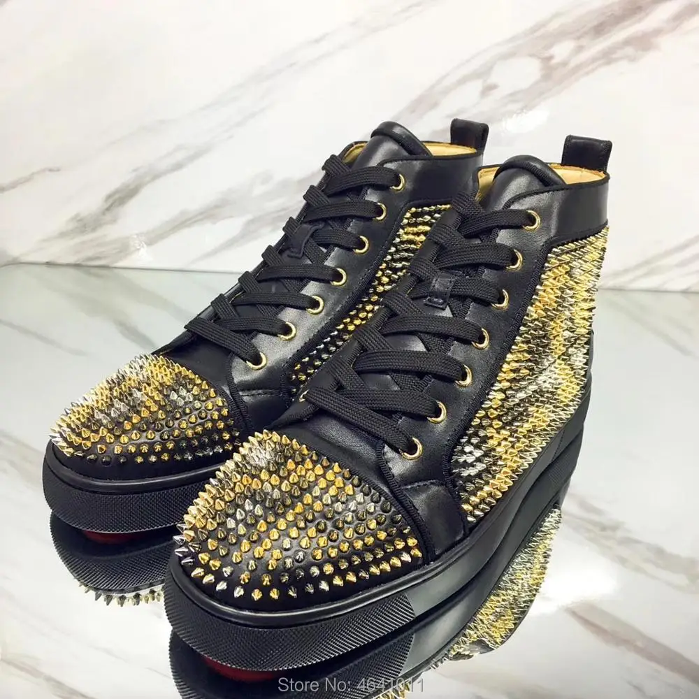 

High top Leisure cl andgz Lace Up Black Leopard print Small Rivets Red bottom For man casual Shoes sneakers Leather Flat Loafers