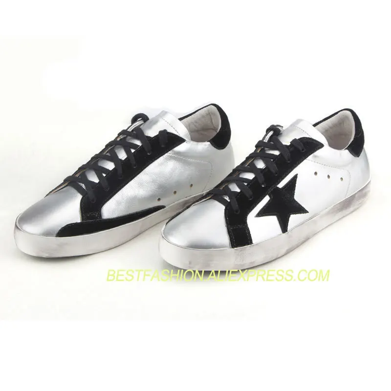 

Silver Shiny Cow Leather Black Star Men Sport Casual Shoes Breathable Cross-tied Lace up Hot Sale